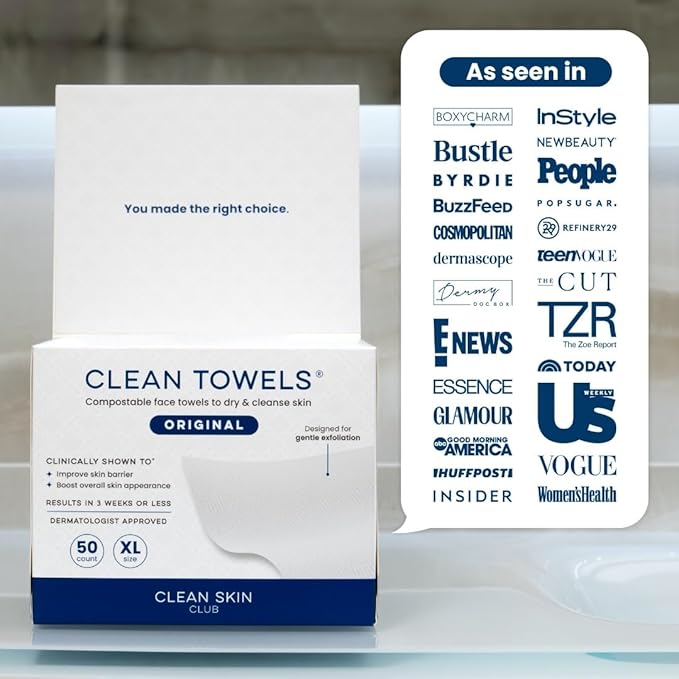 Clean Skin Club Clean Towels XL, 100% USDA Biobased Dermatologist Approved Face Towel, Disposable Clinically Tested Face Towelette, Facial Washcloth, Makeup Remover Dry Wipes, 100 ct, 2 pack
