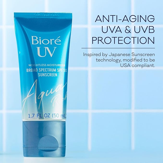 Biore UV Aqua Rich Daily Hydrating Facial Moisturizer with SPF 50 | Oil Free Sunscreen & Primer for Makeup with Hyaluronic Acid, No White Cast, Non-Comedogenic, For Sensitive Skin, 1.7 Oz, 3pck