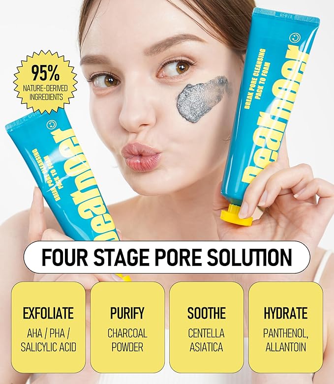 Break Pore Cleansing Pack to Foam β 3-in-1 Korean Skin Care Wash-Off Mask & Exfoliator & Cleanser w/Charcoal and Salicylic Acid β AHA, BHA, PHA for Oily, Congested Skin (3.38 fl oz)
