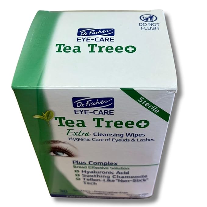 Dr. Fischer Tea Tree Oil Eye Wipes - Eyelid Wipes for Sensitive Eyes with Hyaluronic Acid and Chamomile, Makeup Remover, Daily Cleanser (30 wipes)