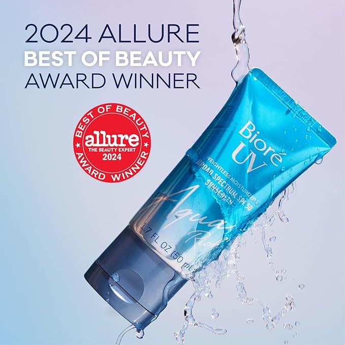 Biore UV Aqua Rich Daily Hydrating Facial Moisturizer with SPF 50 | Oil Free Sunscreen & Primer for Makeup with Hyaluronic Acid, No White Cast, Non-Comedogenic, For Sensitive Skin, 1.7 Oz, 3pck