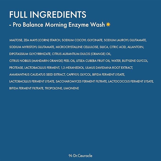 Dr.Ceuracle Pro Balance Enzyme Powder Face Wash - Korean Day and Night Natural Enzyme Powder Face Wash for Deep Pore Cleansing, Sebum Removing, pH Skin Balancing Care (Morning Wash)