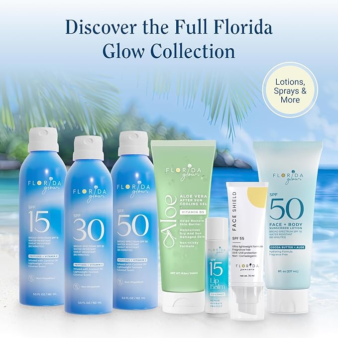 Florida Glow SPF 50 Sunscreen Spray- Hawaii 104 Reef Act & Florida Keys Compliant Broad Spectrum Water Resistant Sport Sun screen - Child Friendly PABA Free & Oxybenzone Free (5.5 Fl Oz 2-pack)