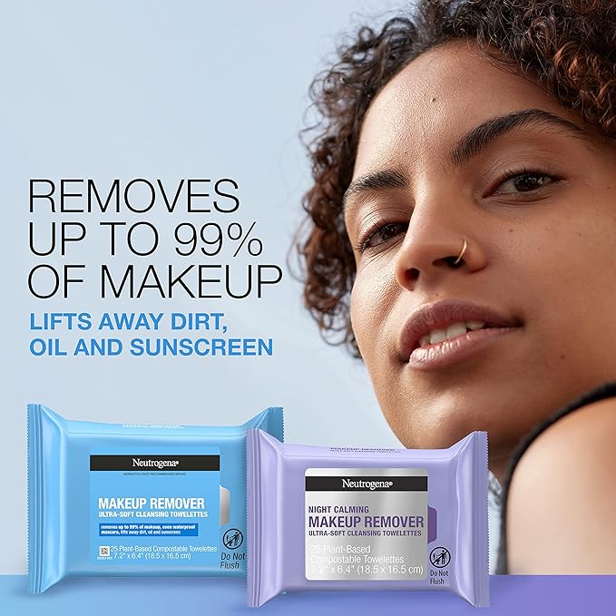 Neutrogena Day & Night Wipes, Makeup Remover Face Cleansing Towelettes & Night Calming Facial Cloths, 100% Plant Based Fibers Wipe Away Dirt, Alcohol-Free, 3 Packs of 25 ct, 75 ct